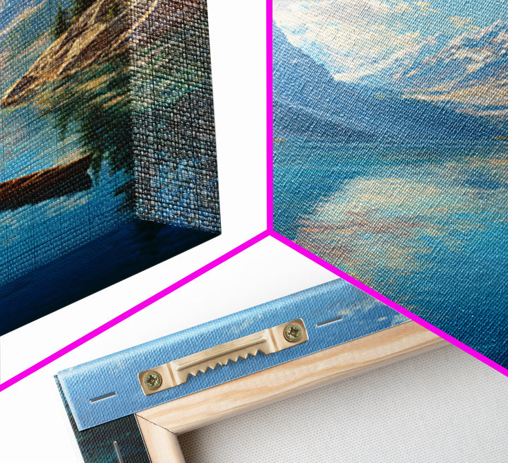 Majestic Mountain Lake Landscape Painting With Canoe In Foreground Vibrant And Serene Nature Scene Wall Art Print For Rustic Living Room Decor Canvas Print