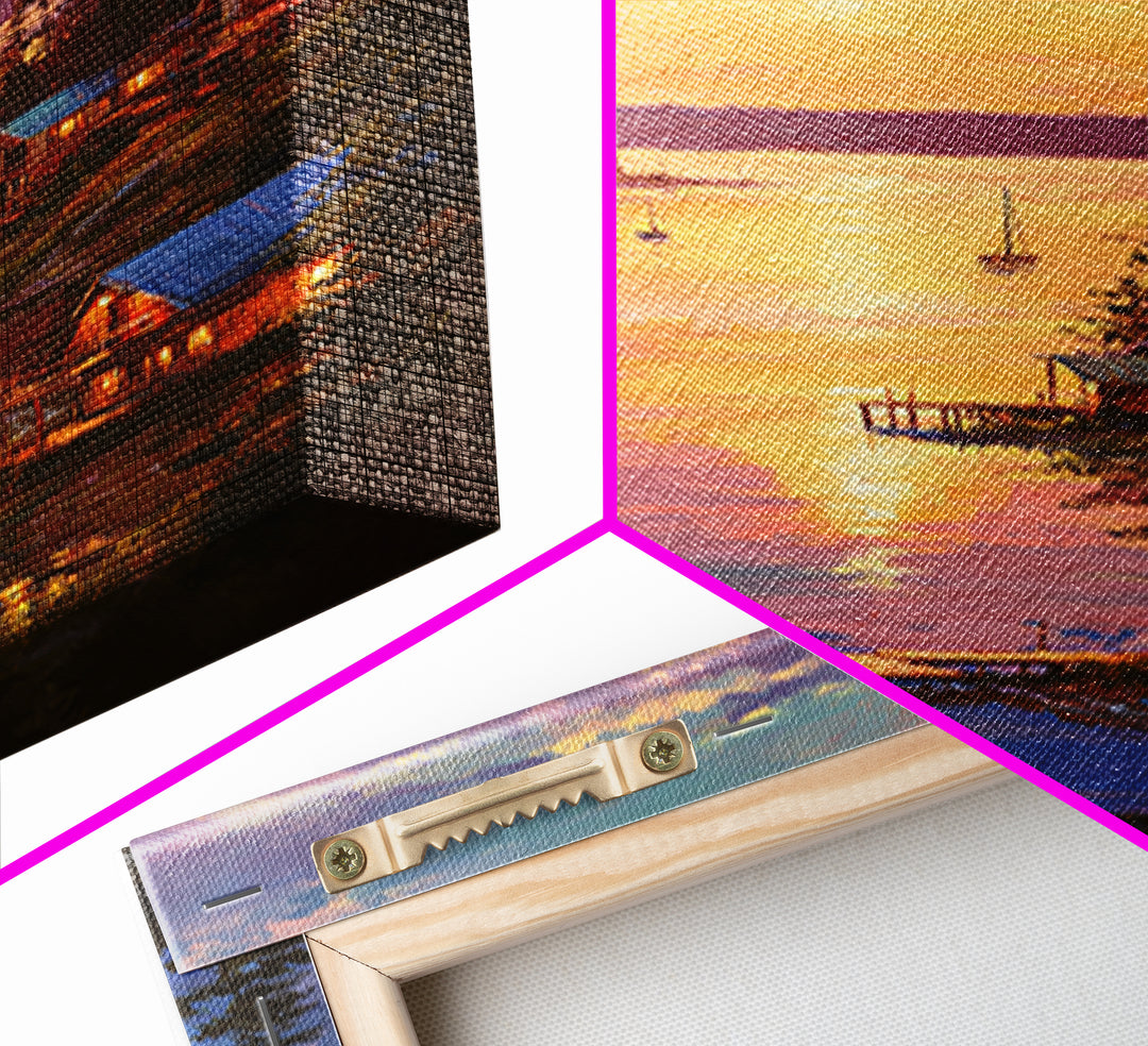 Sunset Lake House Fine Art Oil Painting Wall Art Framed Canvas Print Cozy Landscape Home Decor For Living Room