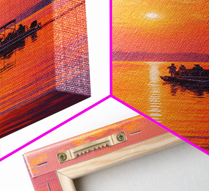Sunset Boat On Calm Water Painting With Vibrant Orange Hues Capturing Peaceful Twilight Scene Large Wall Art Canvas Print For Living Room Decor And Gift