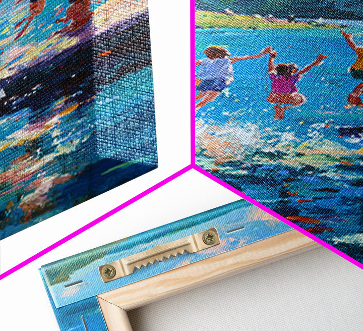 Children Playing At Summer Lake Scene Joyful Landscape Painting Large Wall Art Canvas Print
