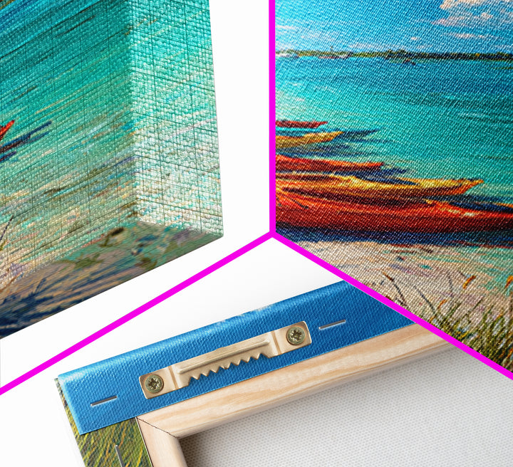 Bright Kayaks By Turquoise Water Under Blue Sky Canvas Print Large Coastal Wall Art For Living Room Decor