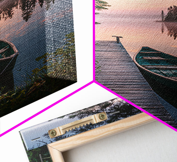 Serene Lake Dock With Canoe Landscape Wall Art Nature Photography Calm Framed Canvas Print