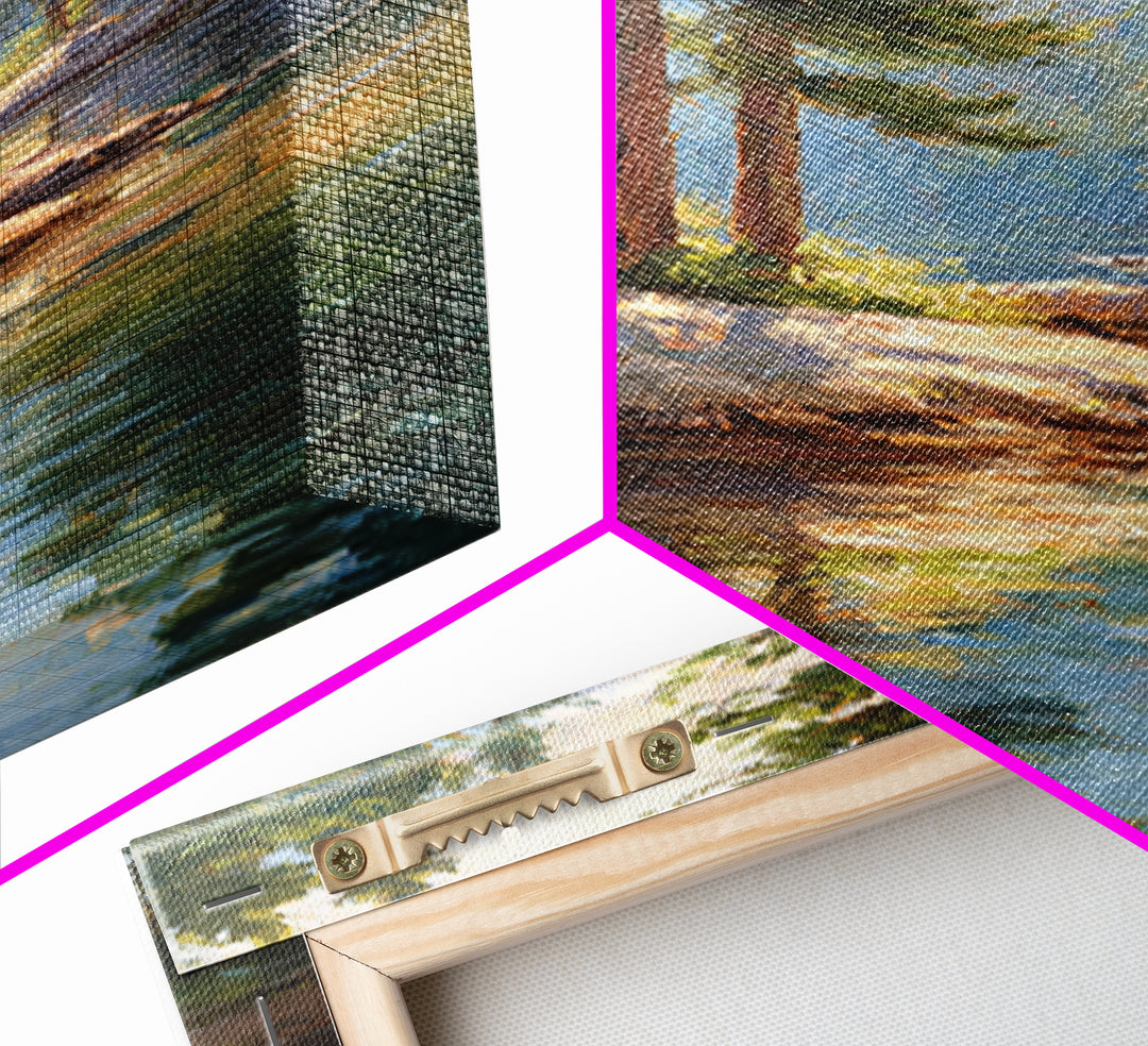 Serene Pine Forest Landscape With River Reflection In Oil Painting Medium Perfect Wall Art Canvas Print