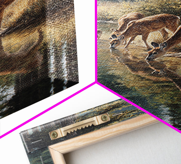 Peaceful Deer Family Drinking At Riverbank Nature Scene Oil Painting Canvas Print Wall Art For Rustic And Wildlife Decor