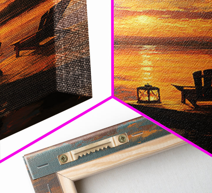 Warm Sunset Landscape Oil Painting With Adirondack Chairs And Reflection On Water Wall Art Framed Canvas Print