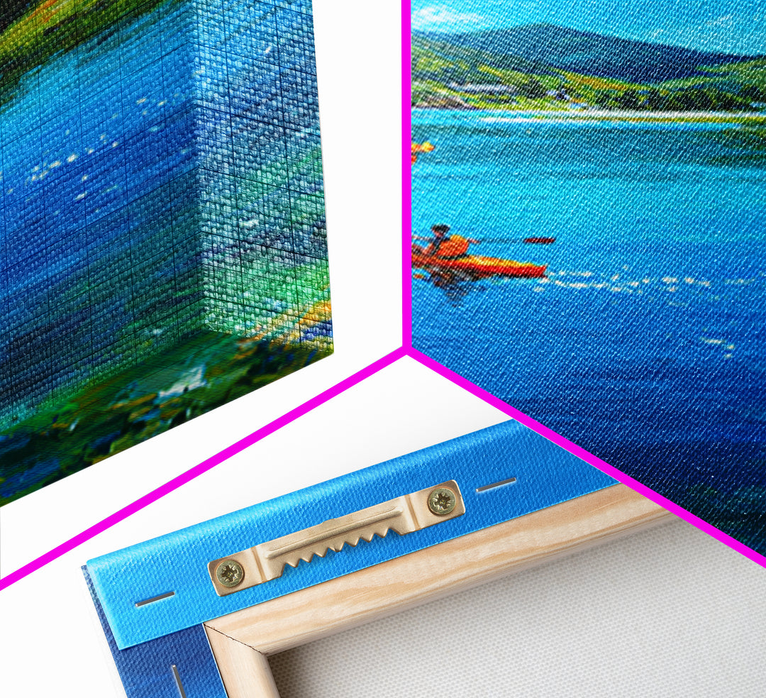 Vivid Kayakers On Blue Lake Under Clear Sky Colorful Outdoor Landscape Oil Painting Canvas Print