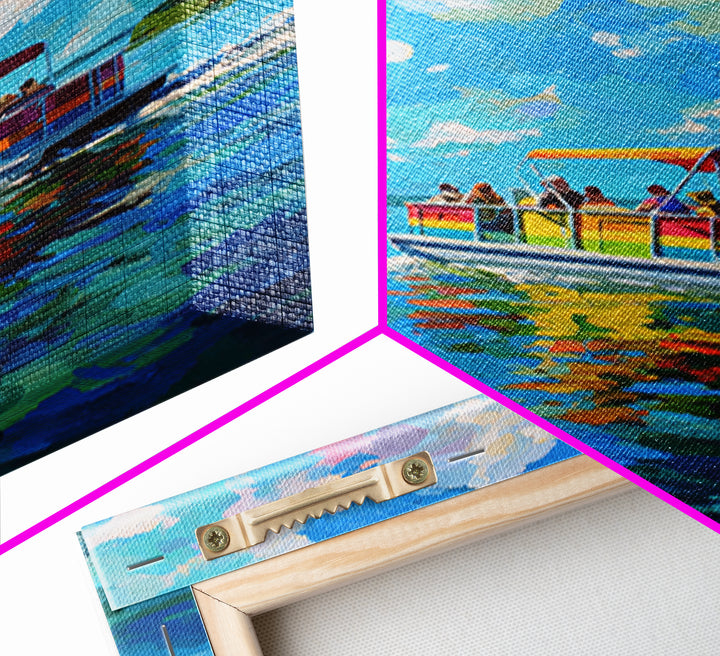 Vibrant Colorful Boat On Lake Under Blue Sky Bright Contemporary Painting Wall Art Framed Canvas Print