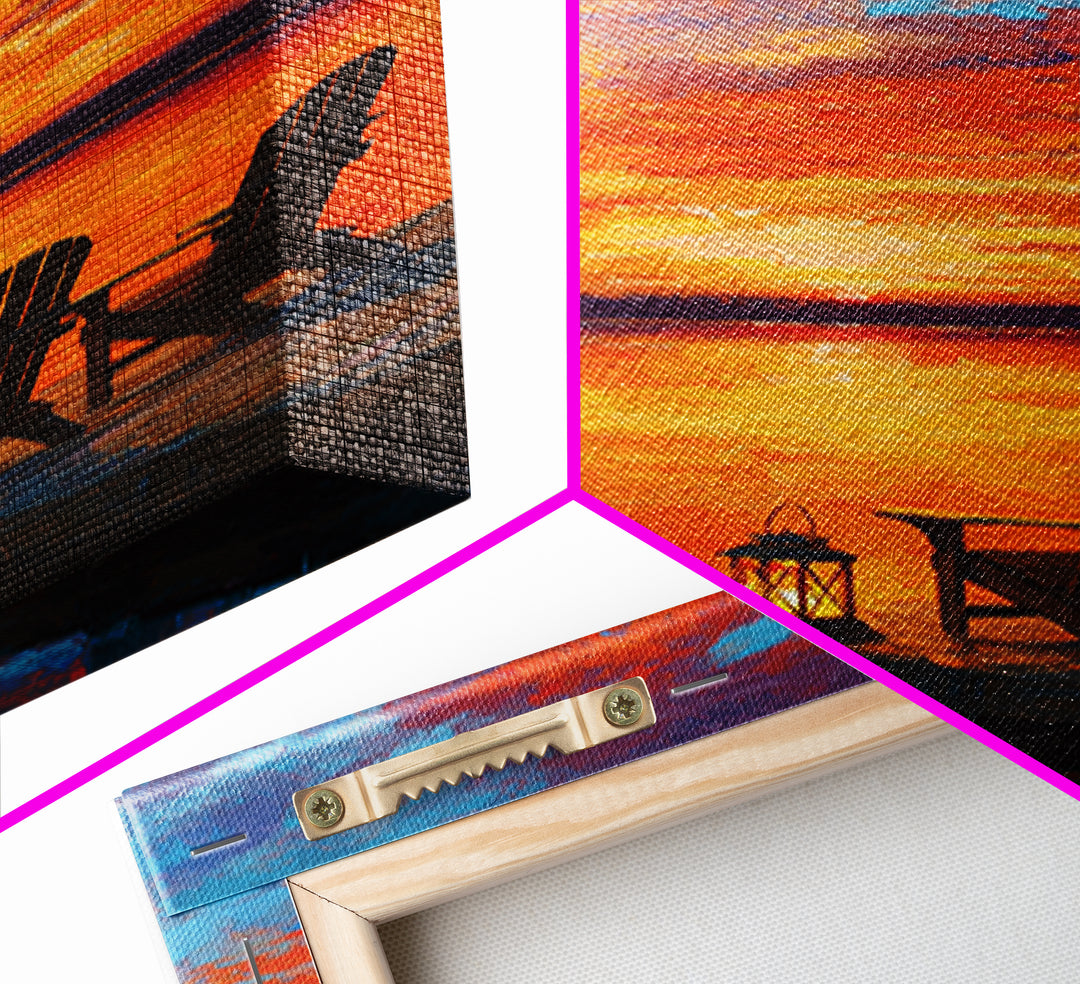 Warm Vibrant Sunset Lake Dock Scene Oil Painting Canvas Print Large Wall Art For Cozy Home Decor Living Room