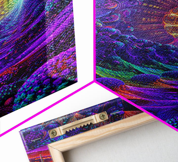 Neon Fractal Spiral Tunnel Canvas Print, Psychedelic Abstract Wall Art, Vibrant Futuristic Decor, Statement Artwork Gift