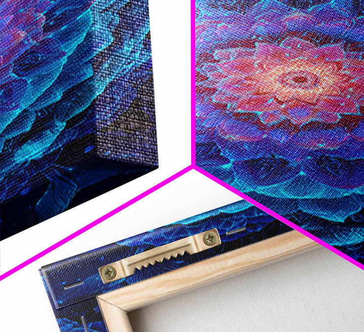 Glowing Blue Lotus Mandala Framed Canvas Print, Spiritual Wall Art, Meditation Decor, Celestial Abstract Art For Yoga Room