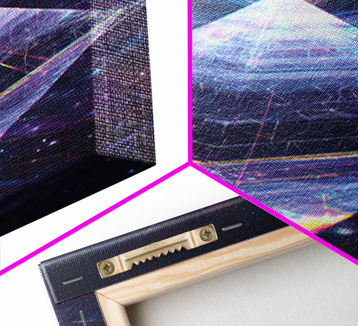 Glowing Crystal Pyramid Framed Canvas Print, Celestial Space Wall Art, Sacred Geometry Decor For Modern Home And Office Decor