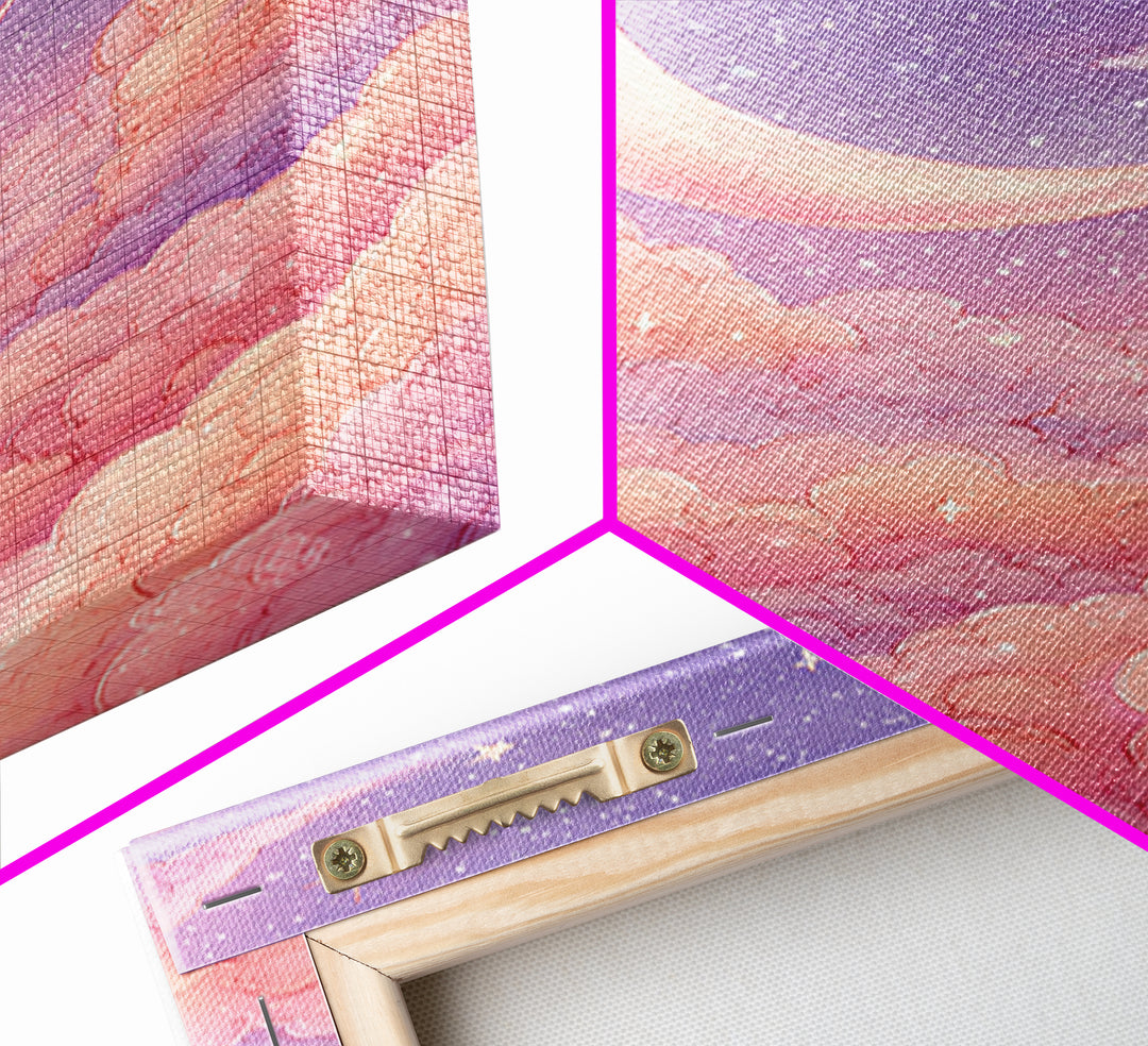 Pastel Crescent Moon In Pink Clouds Wall Art, Celestial Nursery Art, Dreamy Moon And Stars Decor For Bedroom Wall Decor Gift