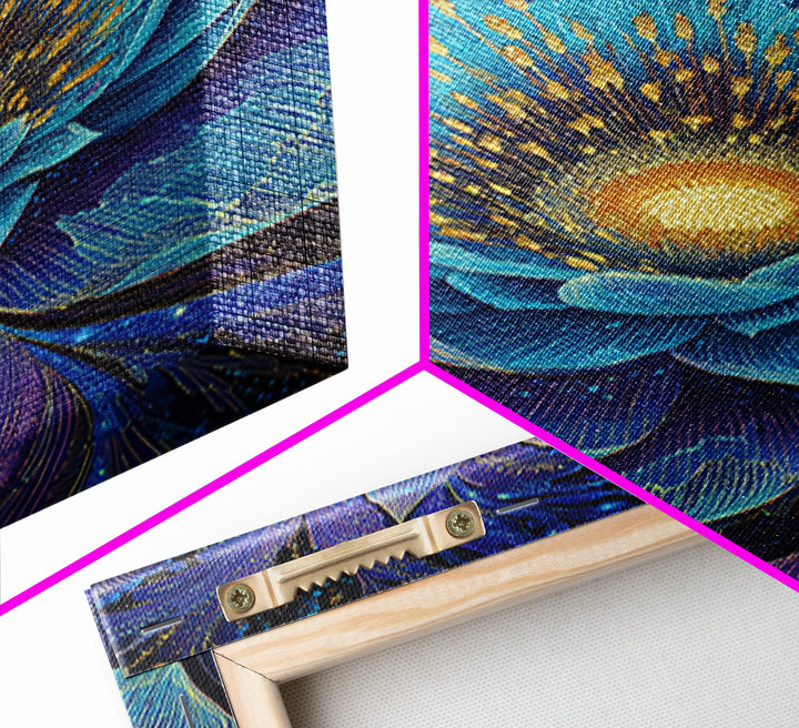 Radiant Blue Lotus Flower Wall Art, Spiritual Botanical Print, Meditation Room Decor, Boho Yoga Studio Canvas Gift For Her