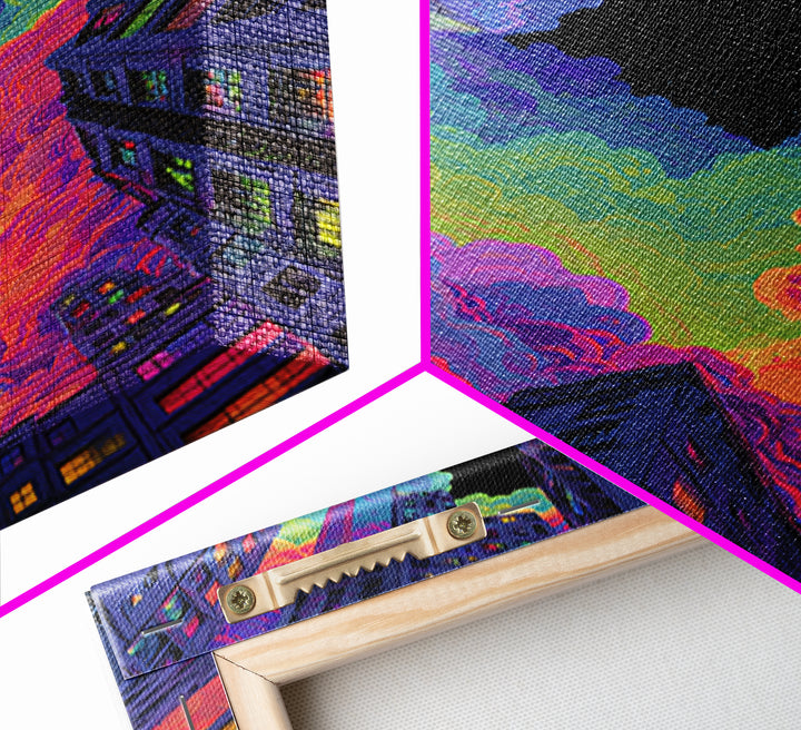 Neon City Skyscrapers Under Rainbow Clouds Wall Art, Urban Pop Art Print, Cyberpunk Decor, Modern Maximalist Living Room Wall Art