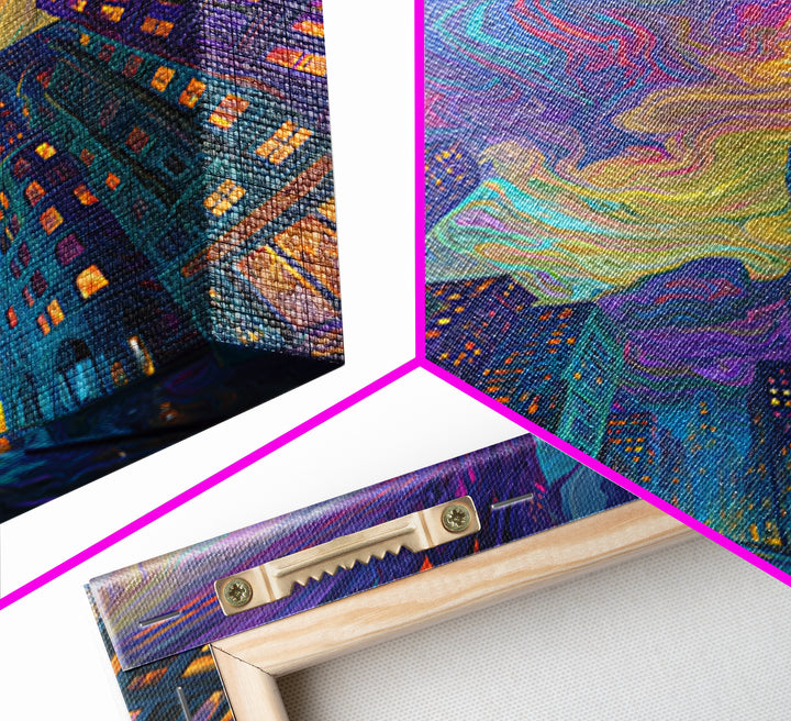 Swirling Neon City Skyline Framed Canvas Print, Psychedelic Urban Wall Art, Modern Apartment Decor, Colorful Living Room Gift