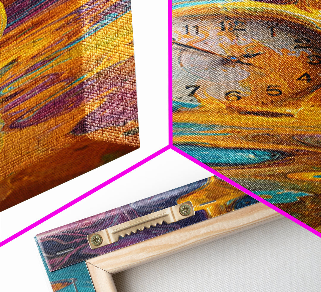 Melting Golden Alarm Clock Canvas Print, Surreal Wall Art, Colorful Abstract Painting, Whimsical Office Decor, Unique Gift