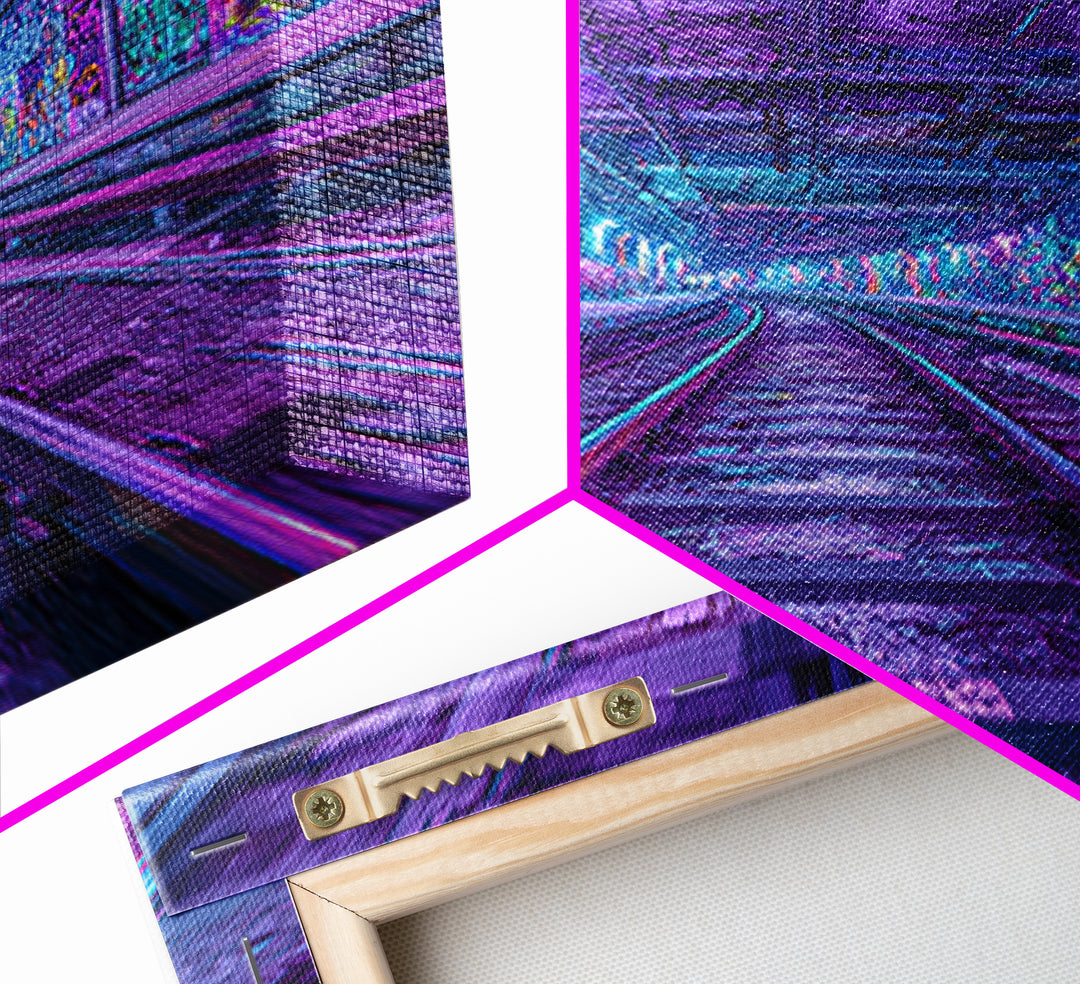 Neon Graffiti Subway Tunnel Wall Art, Cyberpunk City Canvas Print, Urban Street Decor, Apartment Gaming Room Gift For Him