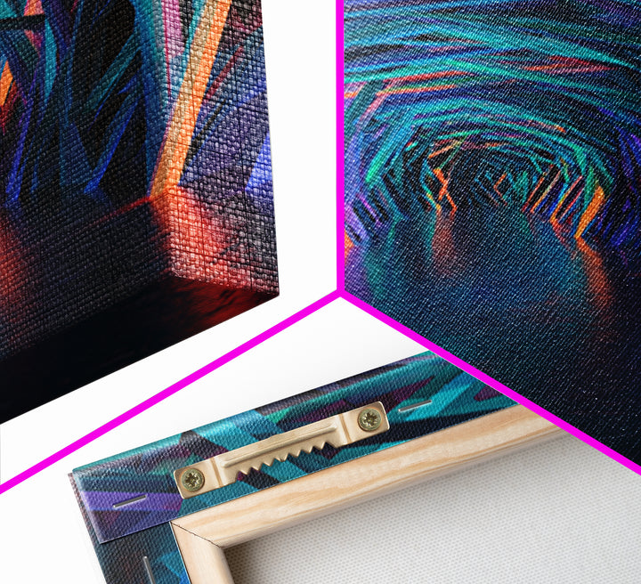 Neon Geometric Tunnel Wall Art, Futuristic Abstract Hallway Canvas, Cyberpunk Decor, Modern Office Statement Art Print Decor
