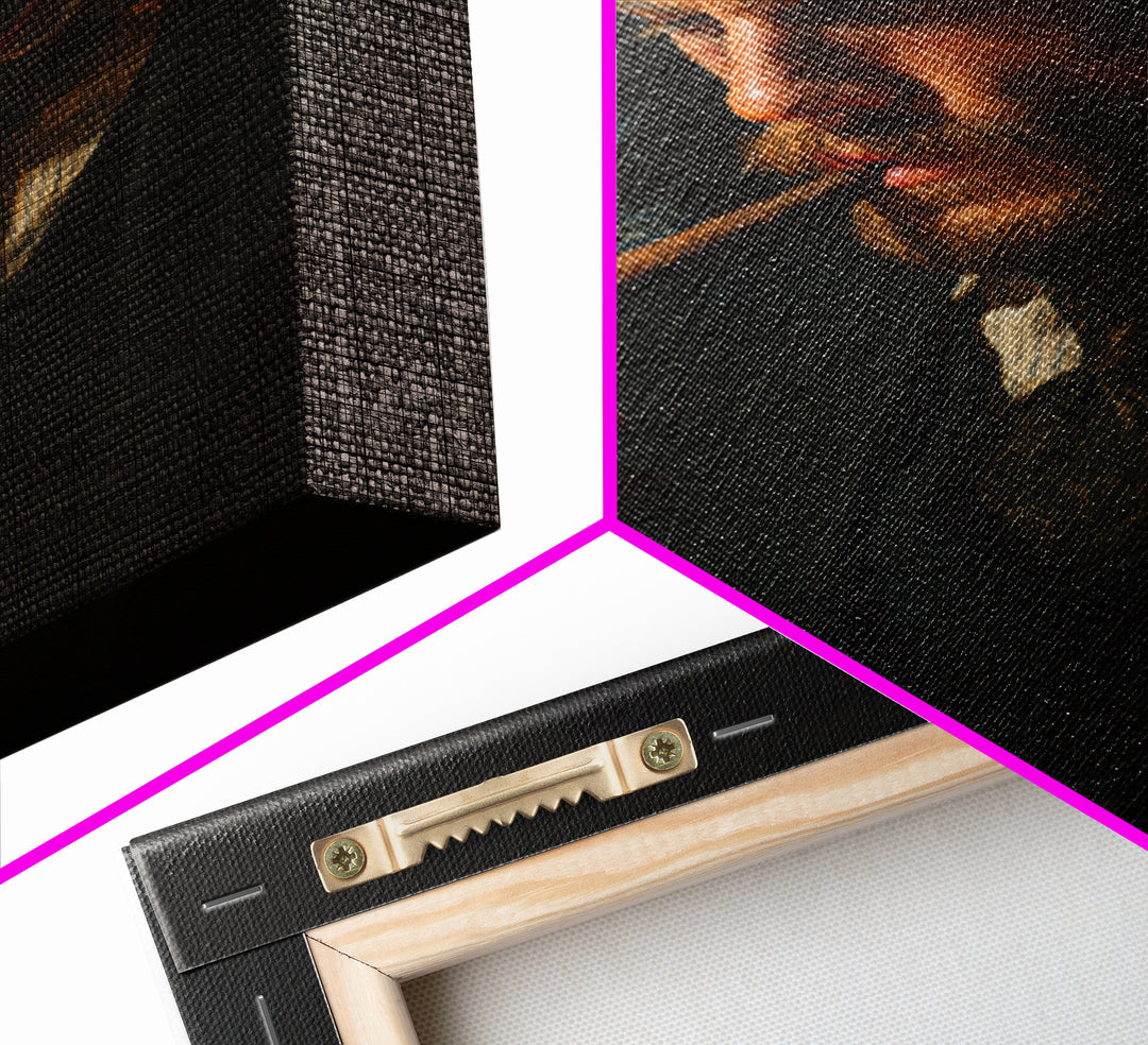 Moody Gentleman Lighting Cigar Framed Canvas Print, Dark Academia Portrait Oil Painting For Masculine Office And Man Cave Decor