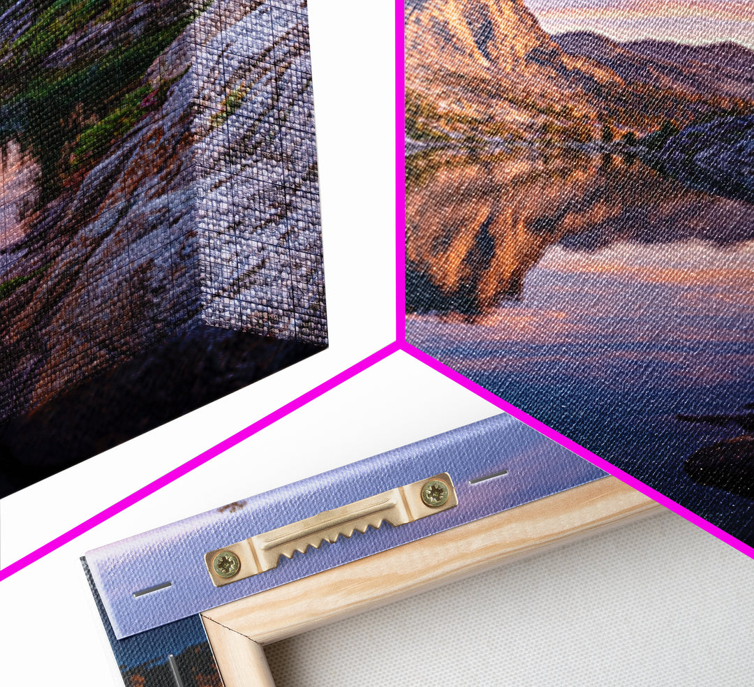 Stunning Mountain Lake Reflection At Sunset With Rocky Peaks And Pine Trees Wall Art Framed Canvas Print For Living Room