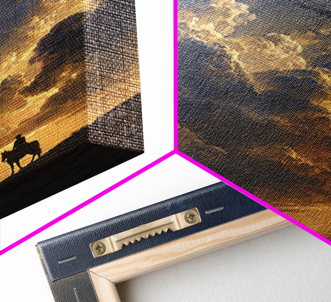 Dramatic Western Landscape With Cowboy On Horse And Monument Valley Scene Wall Art Canvas Print For Rustic Decor