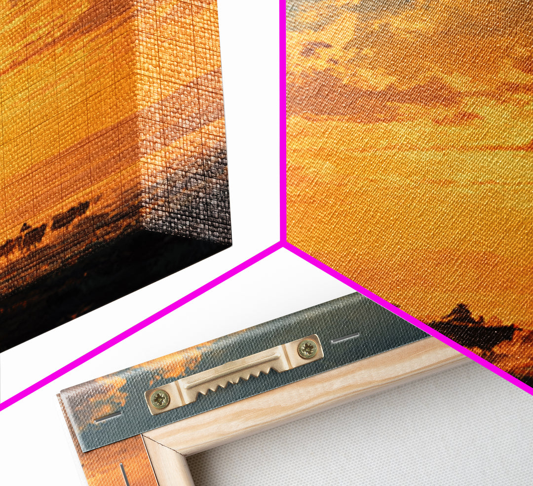 Sunset Cowboy Cattle Drive Ranch Scene Oil Painting Wall Art Framed Canvas Print For Rustic Farmhouse Home Decor