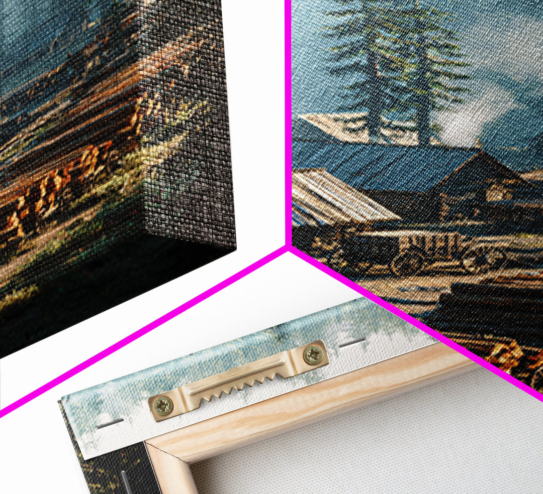 Rustic Log Cabin Village In Misty Forest Painting Wall Art Canvas Print For Cozy Home Decor Living Room Wall Art