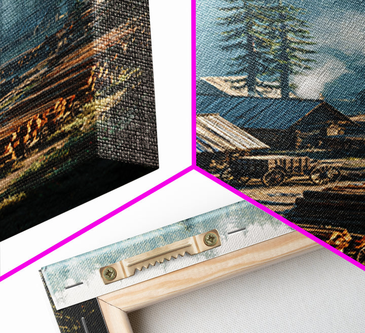 Rustic Log Cabin Village In Misty Forest Painting Wall Art Canvas Print For Cozy Home Decor Living Room Wall Art