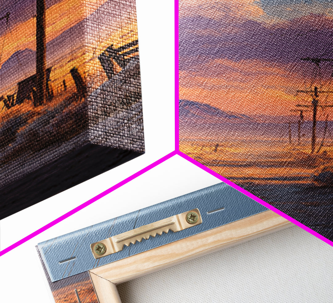 Desert Sunset Road With Power Poles And Mountains Minimalist Landscape Wall Art Framed Canvas Print For Modern Home