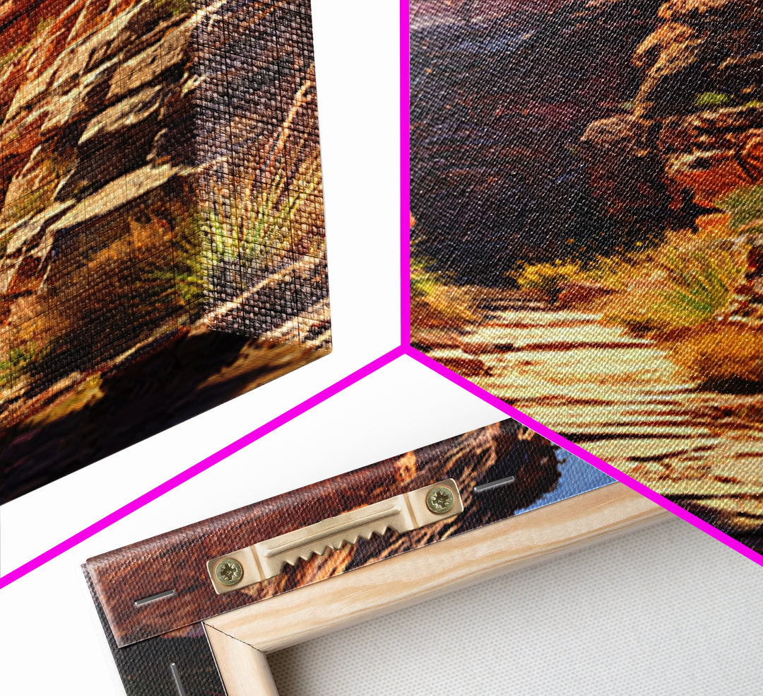 Rustic Canyon Pathway Desert Landscape Wall Art, Warm Earth Tones Framed Canvas Print For Modern Living Room Decor