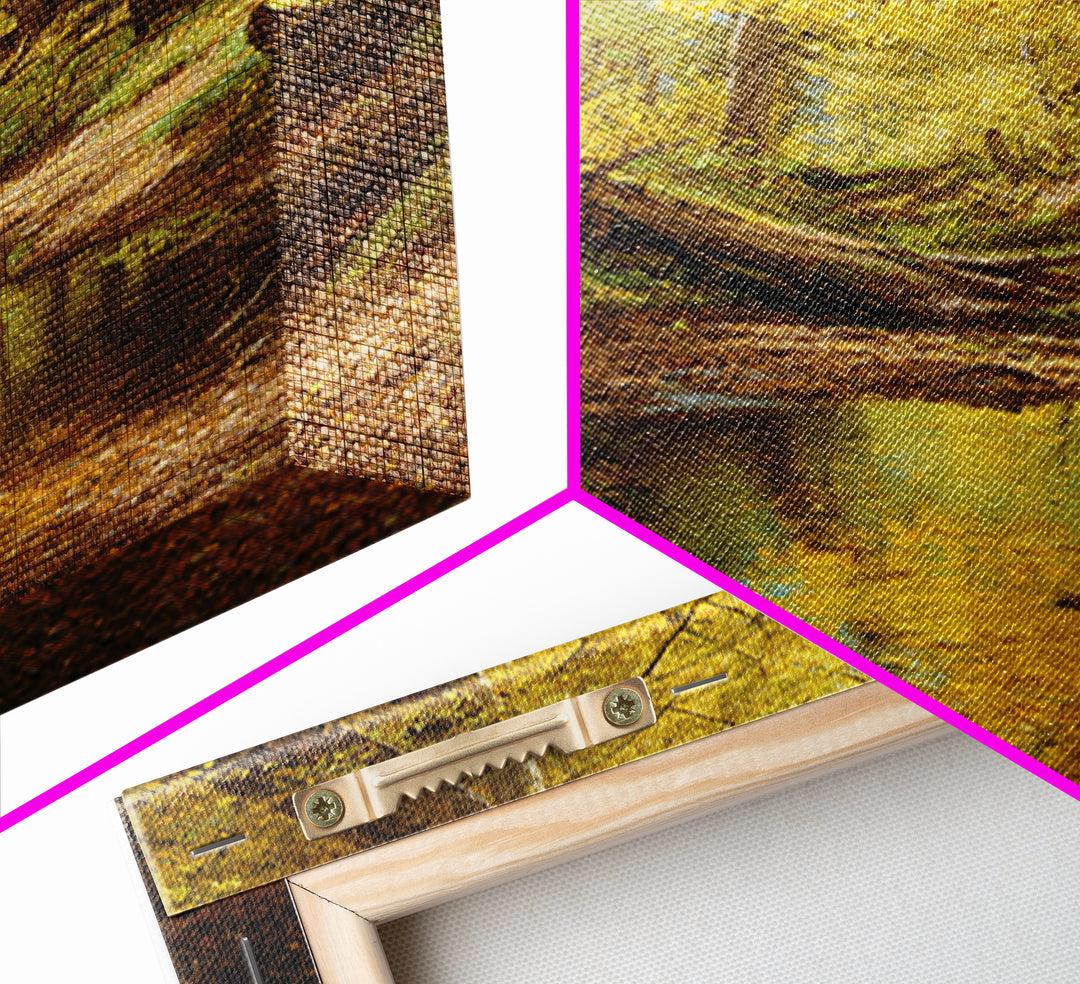 Serene Autumn Forest Landscape Oil Painting Canvas Print Featuring Golden Trees And Reflections For Wall Art