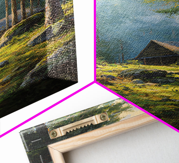 Sunset Campfire In Cozy Rustic Cabin Smoky Forest Original Oil Painting Wall Art Framed Canvas Print Warm Home Decor Nature Artwork