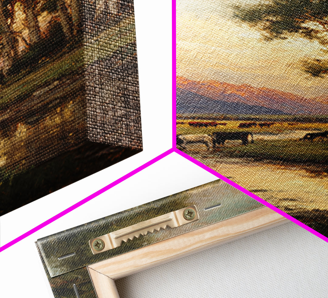 Serene Pastoral Landscape Oil Painting Artwork Featuring Cows Grazing Near Mountains Large Wall Art Canvas Print For Rustic Home Decor