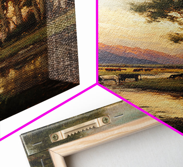 Serene Pastoral Landscape Oil Painting Artwork Featuring Cows Grazing Near Mountains Large Wall Art Canvas Print For Rustic Home Decor