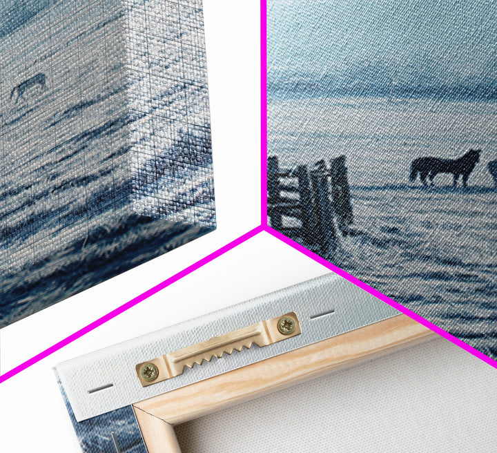 Winter Landscape Painting With Horses In Snowy Field Featuring Wooden Fence Pastel Tones Canvas Print For Rustic Home Decor