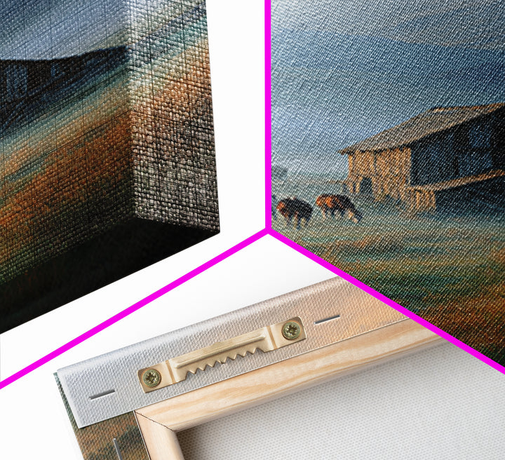 Rustic Countryside Landscape With Windmill And Horses Wall Art Canvas Print For Farmhouse Decor And Cozy Home Decoration