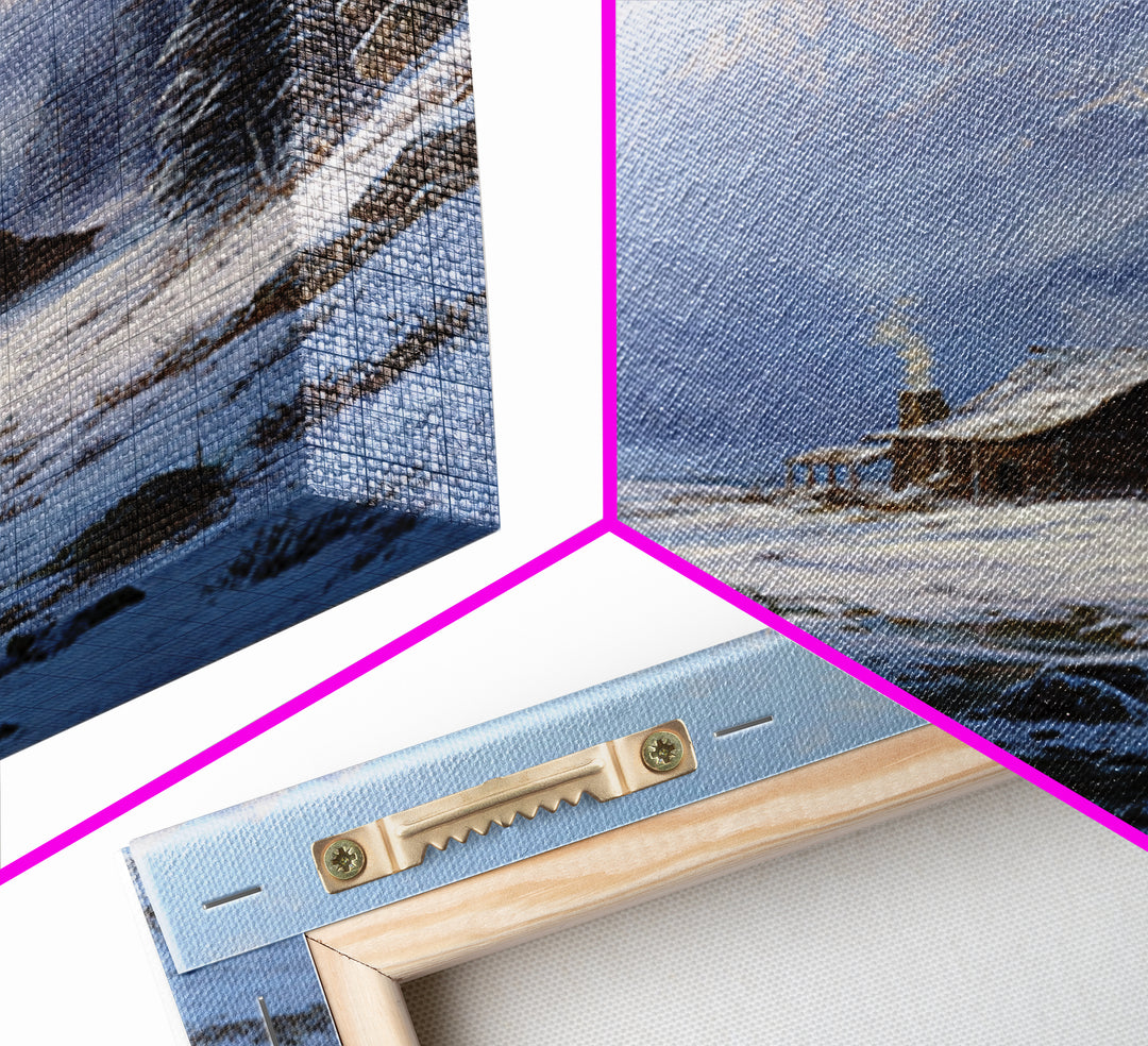 Winter Mountain Cabin Oil Painting Framed Canvas Print Rustic Snow Landscape Wall Art For Cozy Home Decor