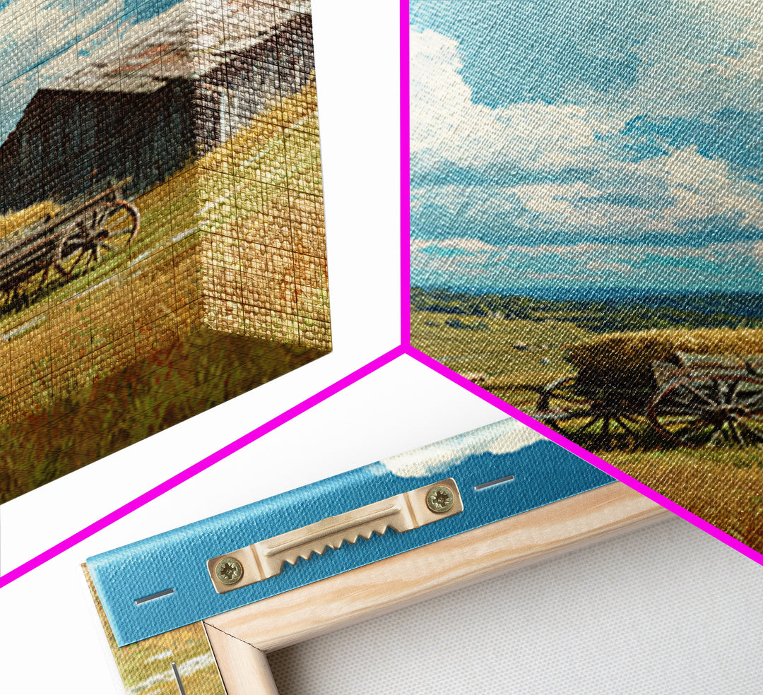 Bright Sunlit Barn And Field Landscape Painting Wall Art Canvas Print For Cozy Farmhouse Rustic Decor