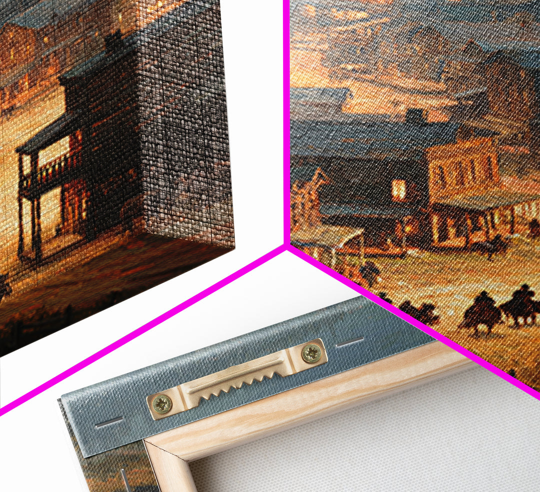 Old Western Town At Dusk Oil Painting Framed Canvas Print Large Wall Art For Rustic Home Decor And Living Room Wall Art