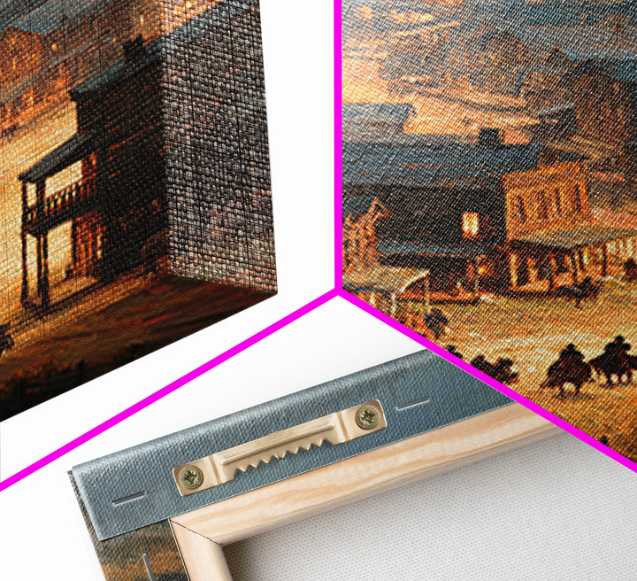 Old Western Town At Dusk Oil Painting Framed Canvas Print Large Wall Art For Rustic Home Decor And Living Room Wall Art