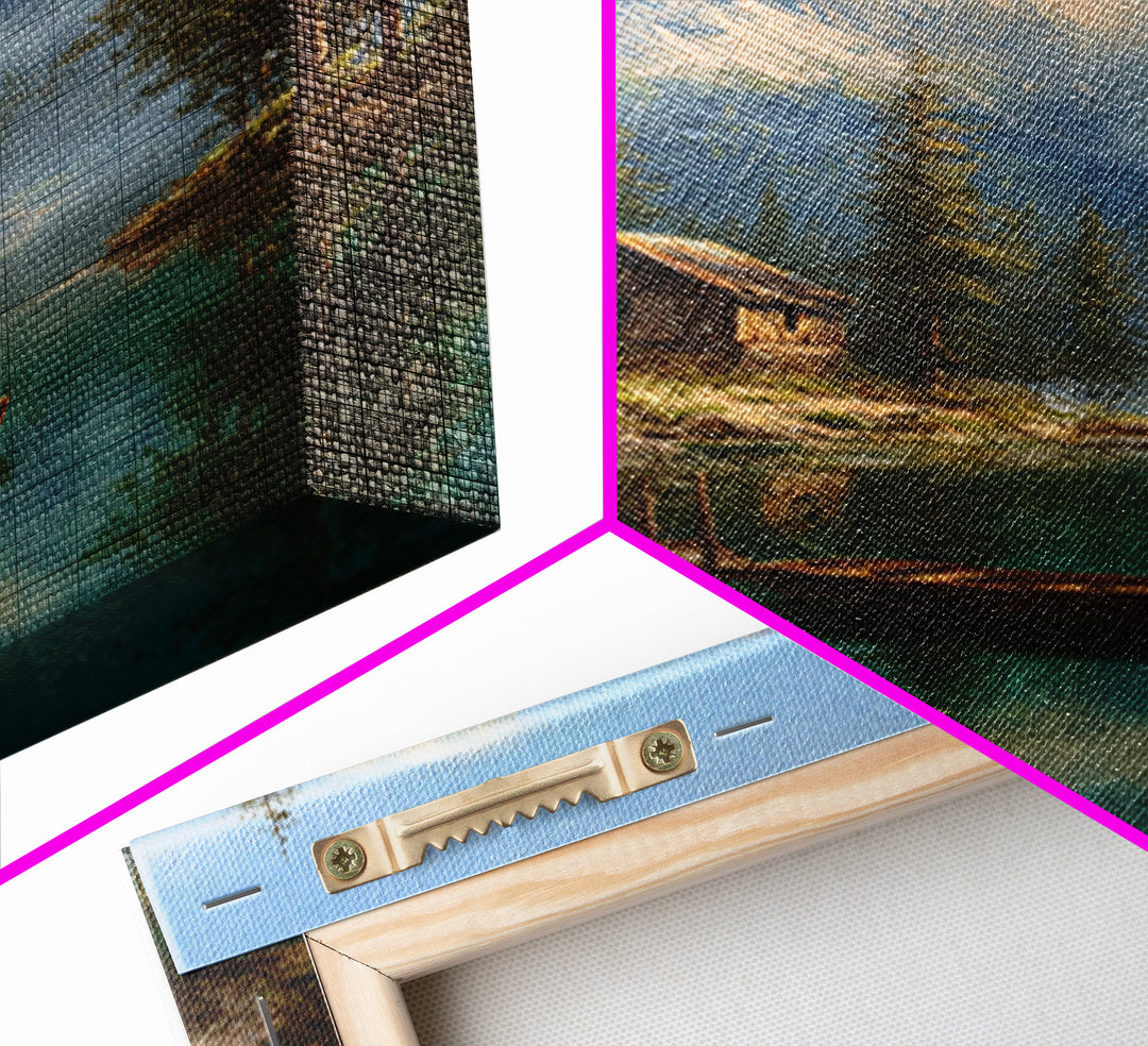 Tranquil Mountain Lake Cabin Scene Oil Painting Landscape Wall Art Canvas Print Rustic Home Decor Nature Lover Gift