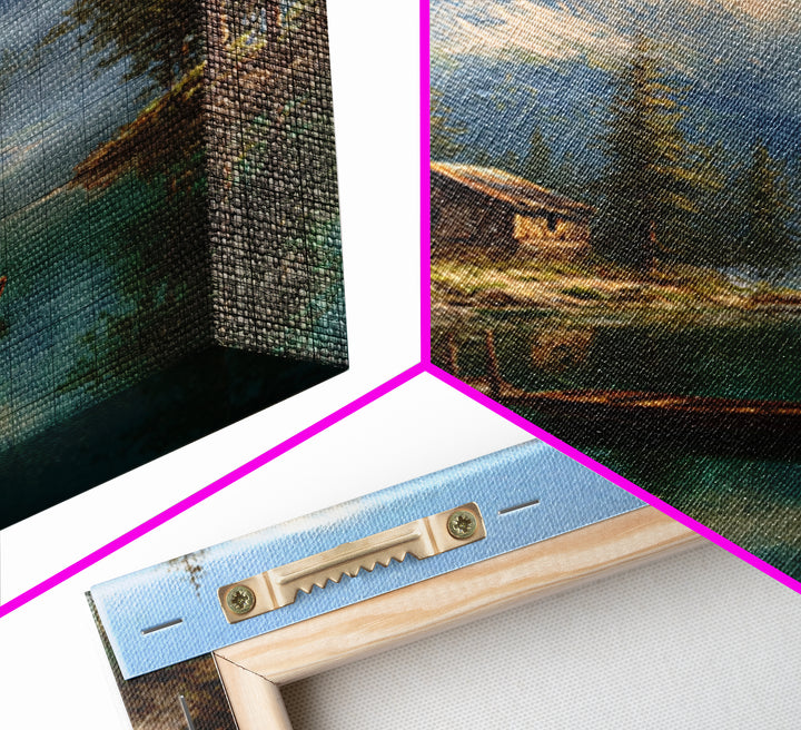 Tranquil Mountain Lake Cabin Scene Oil Painting Landscape Wall Art Canvas Print Rustic Home Decor Nature Lover Gift