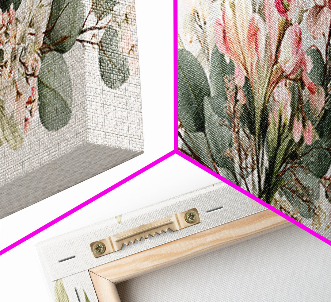 Soft Eucalyptus And Blush Magnolia Garland Wall Art, Panoramic Botanical Print, Neutral Floral Decor, Above Bed Canvas Print