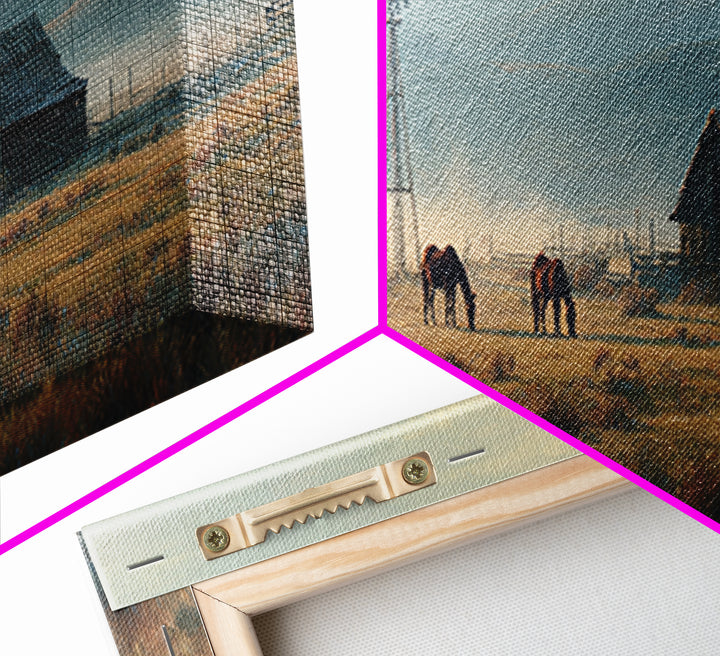 Misty Western Ranch Windmill Framed Canvas Print, Rustic Farmhouse Wall Art With Horses For Country Home Decor Gift Idea