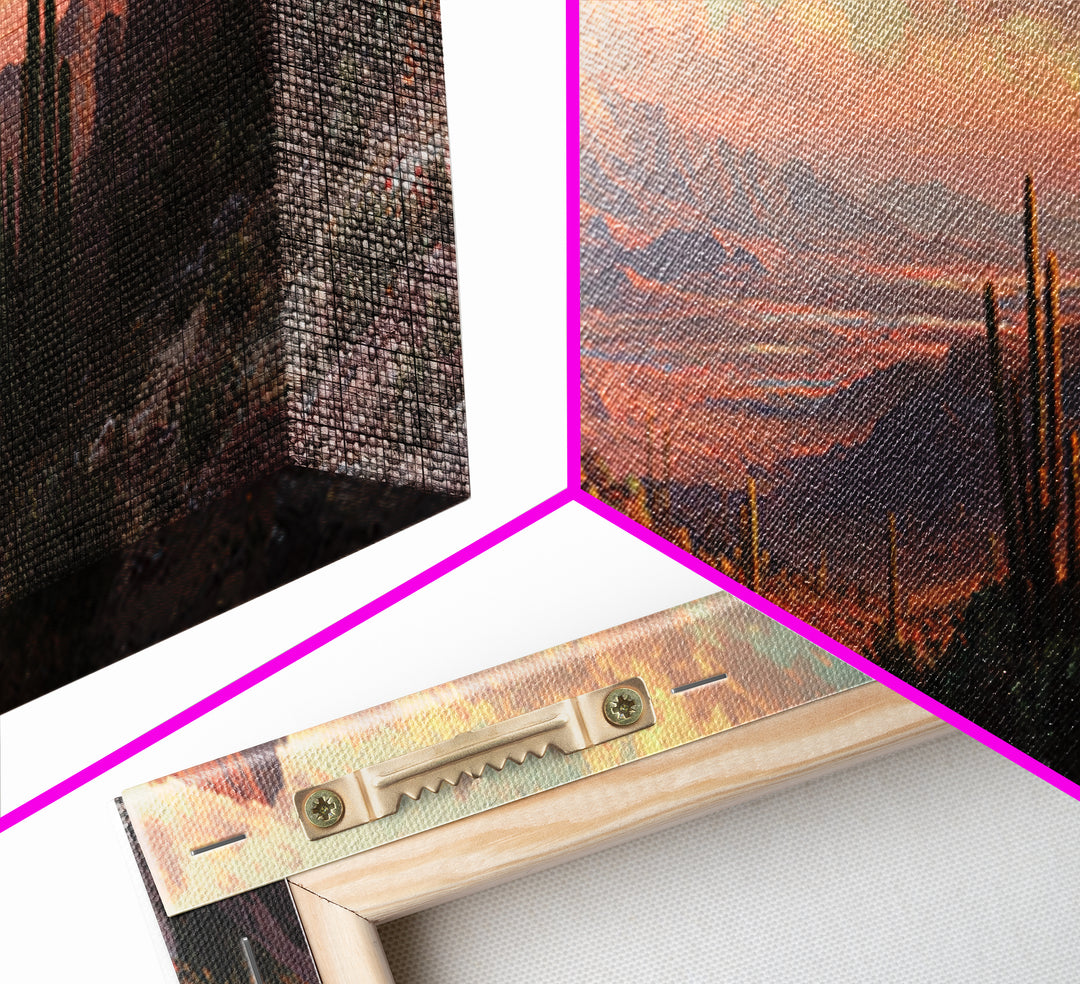 Desert Canyon Sunset With Saguaro Cactus Wall Art, Southwestern Landscape Framed Canvas Print, Rustic Home Decor For Living Room