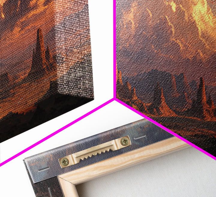 Epic Desert Spires At Sunset Canvas Print, Fantasy Landscape Wall Art For Game Room Decor, Southwestern Sci Fi Home Decor