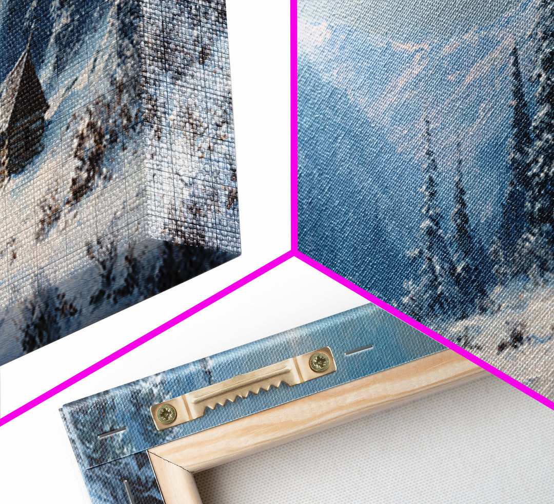 Snowy Mountain Cabin In Pine Forest, Winter Wall Art, Landscape Canvas Print, Rustic Lodge Decor, Cozy Cabin Decor, Nature Wall Art
