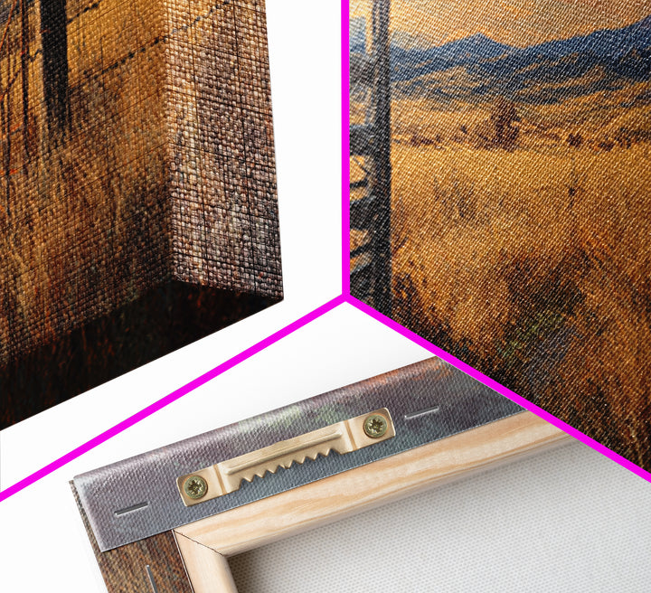 Weathered Fence And Golden Prairie Framed Canvas Print, Rustic Country Wall Art, Farmhouse Landscape, Warm Neutral Decor