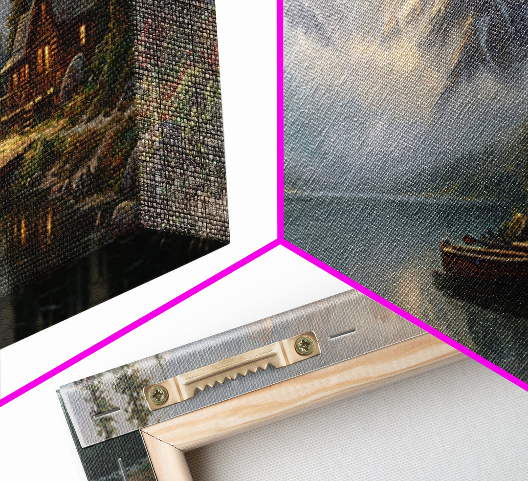 Mountain Lake Cabin Wall Art, Misty Alpine Landscape Canvas, Rustic Nature Decor, Large Horizontal Living Room Print, Housewarming Gift