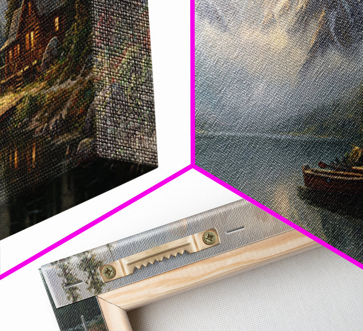 Mountain Lake Cabin Wall Art, Misty Alpine Landscape Canvas, Rustic Nature Decor, Large Horizontal Living Room Print, Housewarming Gift